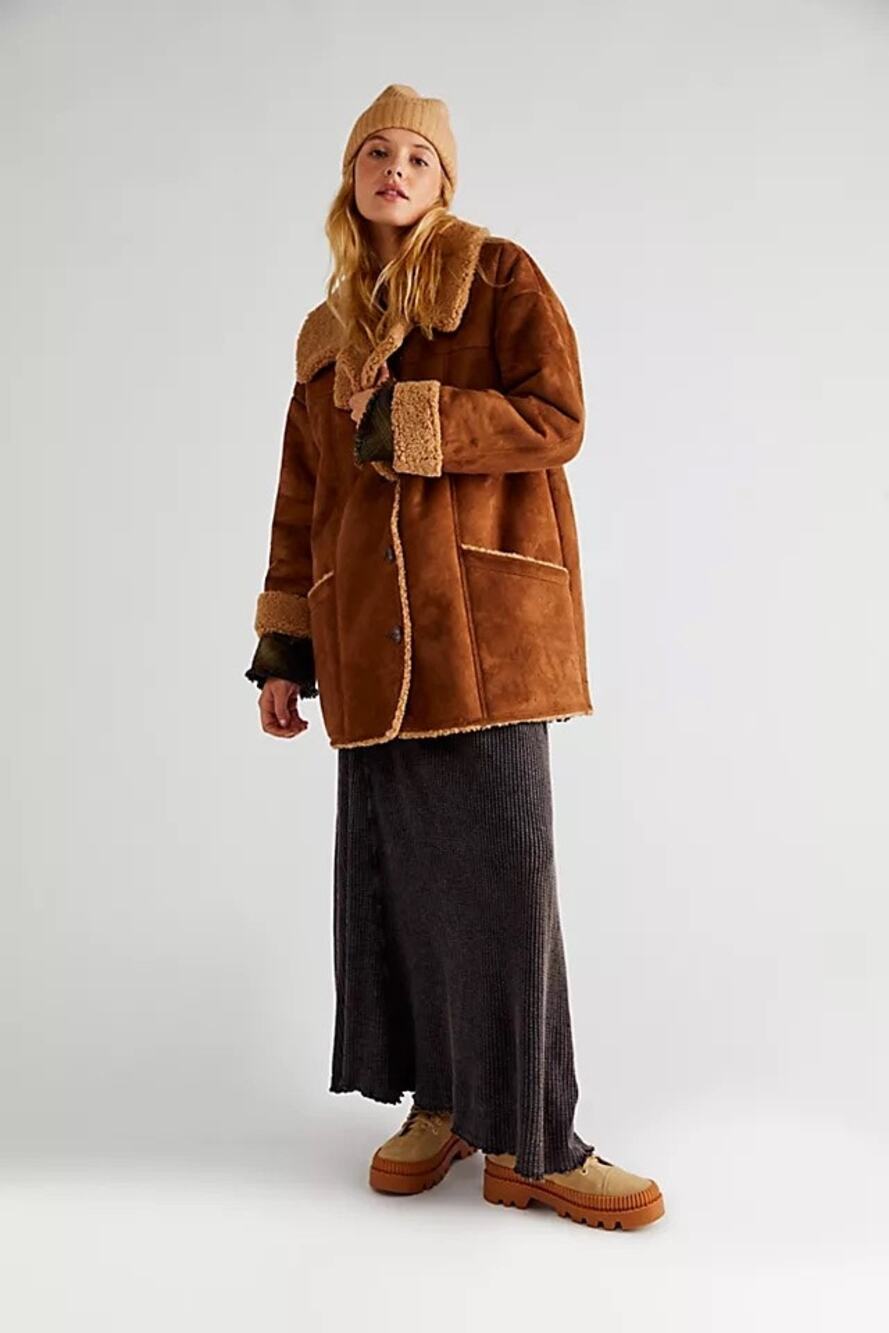 Free People Diogo Brown Oversized Sherpa Lined Sueded Jacket XS
